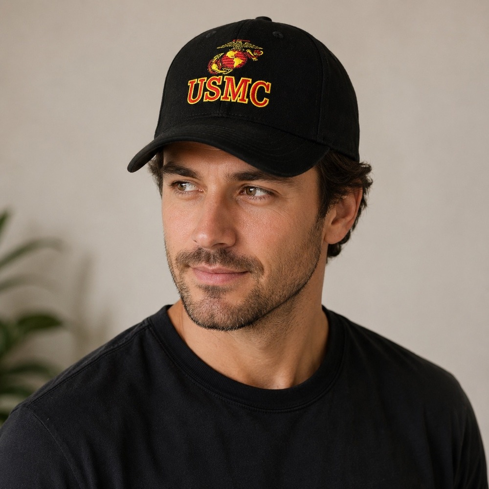 Eagle Crest USMC Mens Black Cotton Baseball Cap Hat Marine‎ Corps